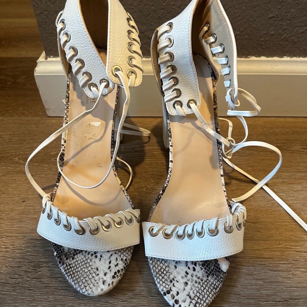 White and Snake Print Women's Lace-Up Sandals